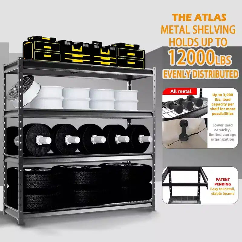 Étagère de rangement Atlas à 4 niveaux 183x61x183 cm Robuste de garage Charge 5443 kg Finition martelée : Rangement utilitaire en acier, étagères réglables