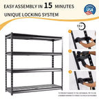 Étagère de rangement Atlas à 4 niveaux 183x61x183 cm Robuste de garage Charge 5443 kg Finition martelée : Rangement utilitaire en acier, étagères réglables