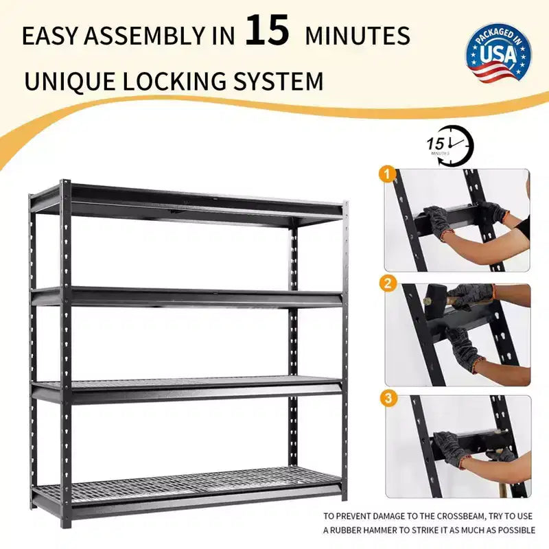 Étagère de rangement Atlas à 4 niveaux 183x61x183 cm Robuste de garage Charge 5443 kg Finition martelée : Rangement utilitaire en acier, étagères réglables