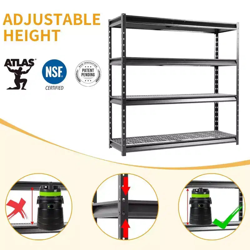 Étagère de rangement Atlas à 4 niveaux 183x61x183 cm Robuste de garage Charge 5443 kg Finition martelée : Rangement utilitaire en acier, étagères réglables