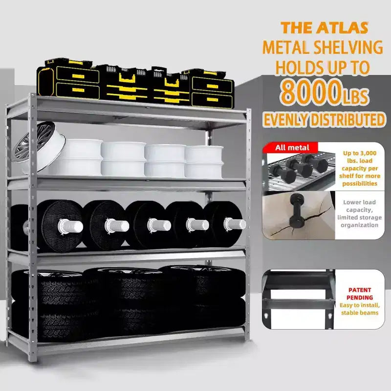 Étagère Atlas à 4 niveaux 72"x24"x72" Robuste pour garage Charge 8000lbs Gris veiné : Acier, Étagères réglables et fixes, Résistant à la rouille