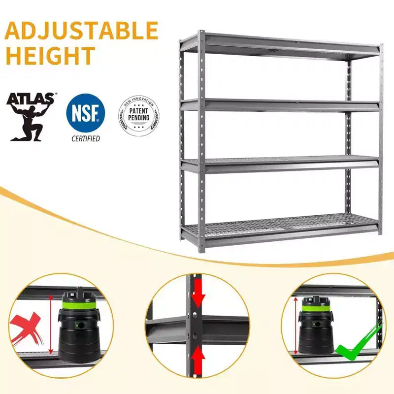 Étagère Atlas à 4 niveaux 72"x24"x72" Robuste pour garage Charge 8000lbs Gris veiné : Acier, Étagères réglables et fixes, Résistant à la rouille