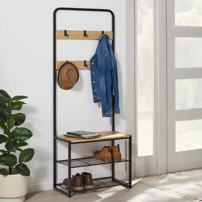 Banc d'entrée 3 niveaux avec patères, métal noir et bois naturel - Brightroom™