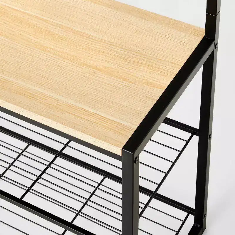 Banc d'entrée 3 niveaux avec patères, métal noir et bois naturel - Brightroom™