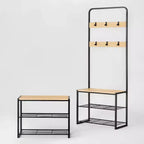 Banc d'entrée 3 niveaux avec patères, métal noir et bois naturel - Brightroom™