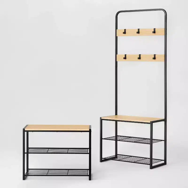 Banc d'entrée 3 niveaux avec patères, métal noir et bois naturel - Brightroom™