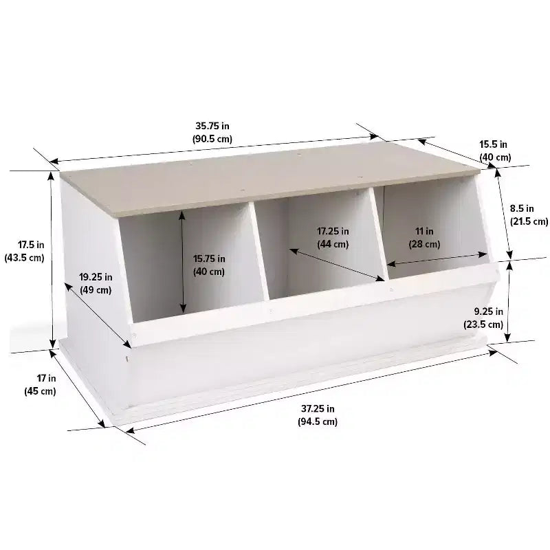 Meuble de rangement empilable à trois bacs Badger Basket Blanc/Grain de bois gris