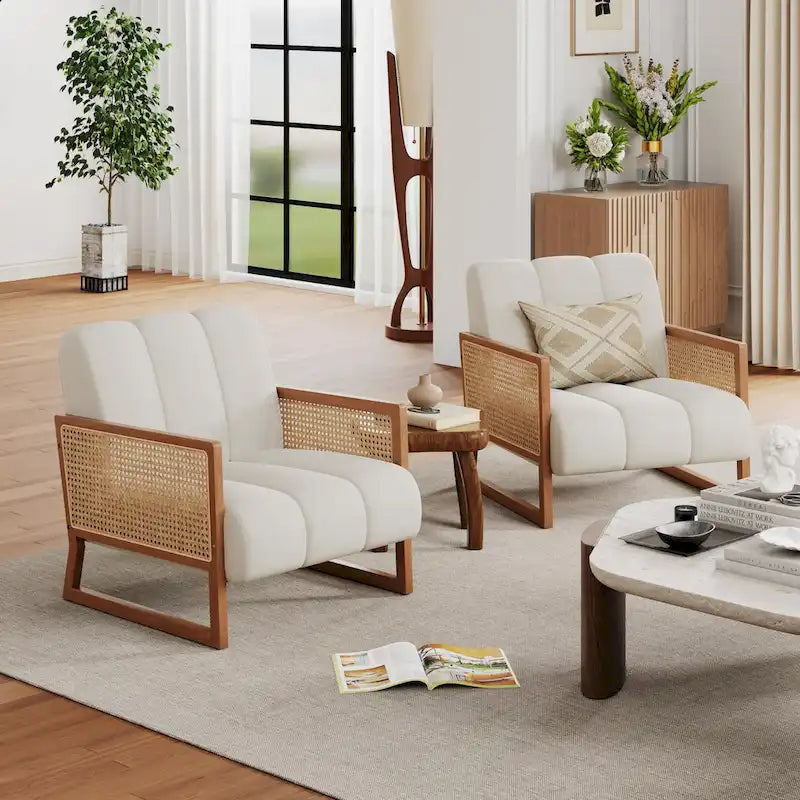 Fauteuils d'appoint en rotin, chaise en rotin naturel rembourrée, fauteuil en lin de style moderne du milieu du siècle, chaises d'appoint pour salon et chambre