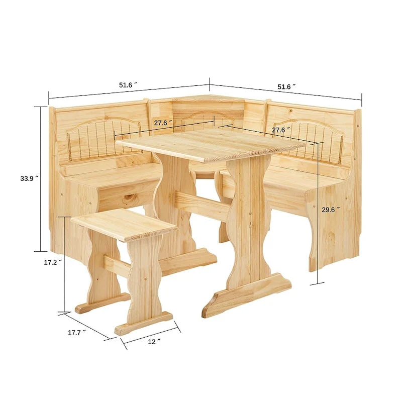 MUSEHOMEINC Ensemble de table de salle à manger 3 pièces en bois massif de style traditionnel avec banquette latérale, ensemble de table de coin repas avec rangement caché