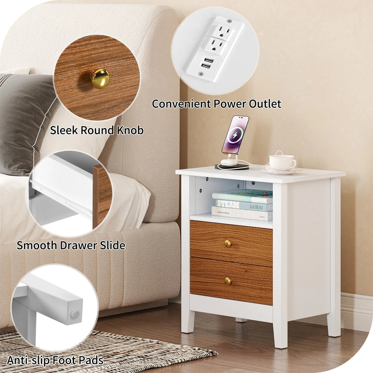 Tables de chevet (lot de 2) avec station de charge, table d'appoint avec 2 tiroirs, ports USB et prises, pour chambre à coucher