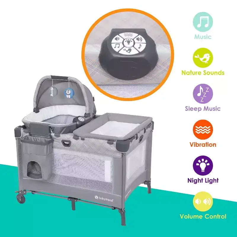 Baby Trend Lullaby Nursery Suite EZ-Fold Playard avec transat berçant portatif – Madrid Plaid : auvent, moïse, roues verrouillables, vibration