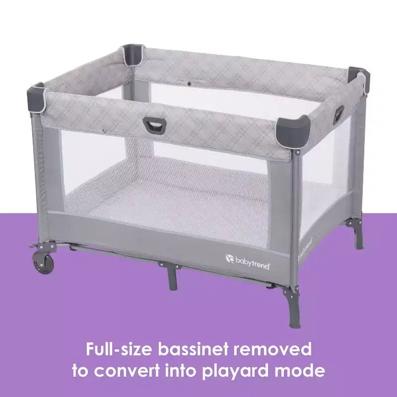 Baby Trend Lullaby Nursery Suite EZ-Fold Playard avec transat berçant portatif – Madrid Plaid : auvent, moïse, roues verrouillables, vibration