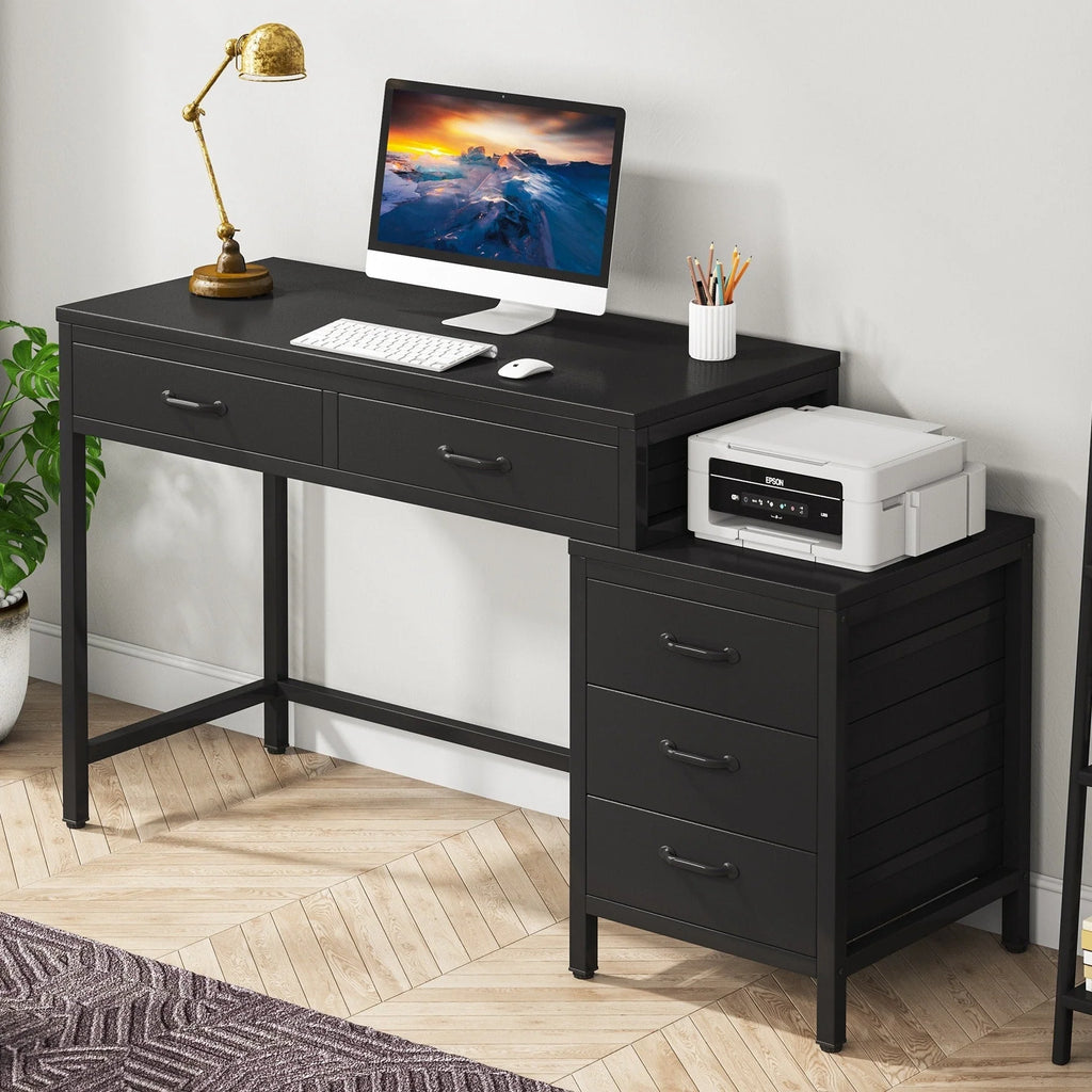 Bureau réversible avec 5 tiroirs, Bureau d'ordinateur de maison avec tiroir classeur et support d'imprimante