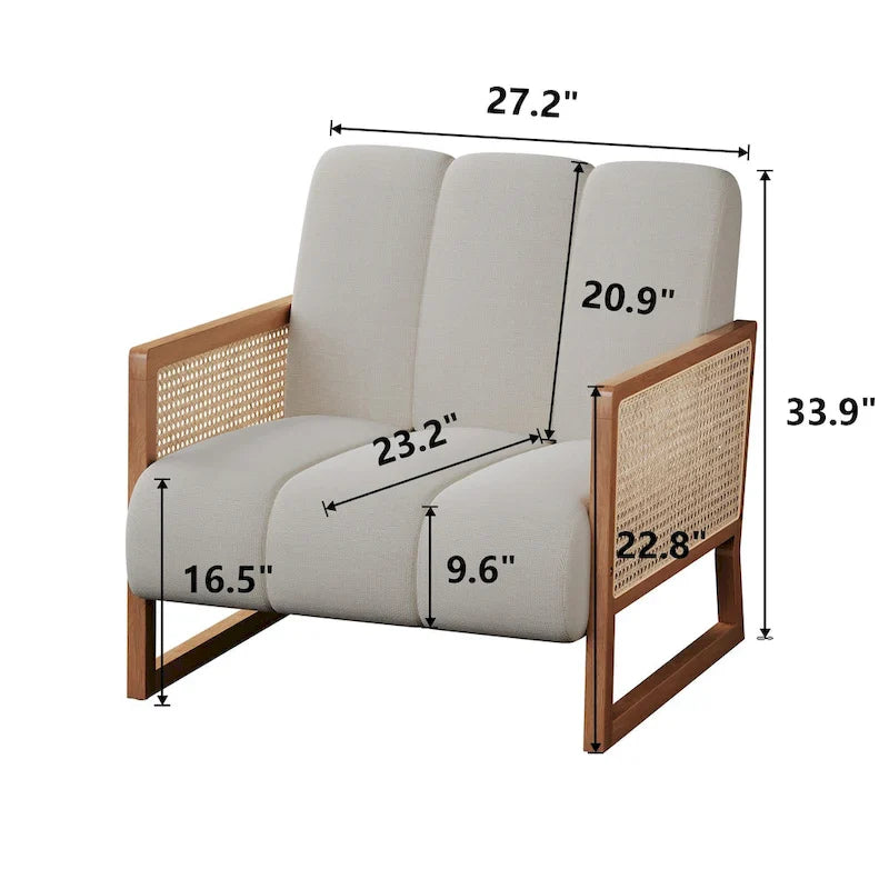 Fauteuils d'appoint en rotin, chaise en rotin naturel rembourrée, fauteuil en lin de style moderne du milieu du siècle, chaises d'appoint pour salon et chambre