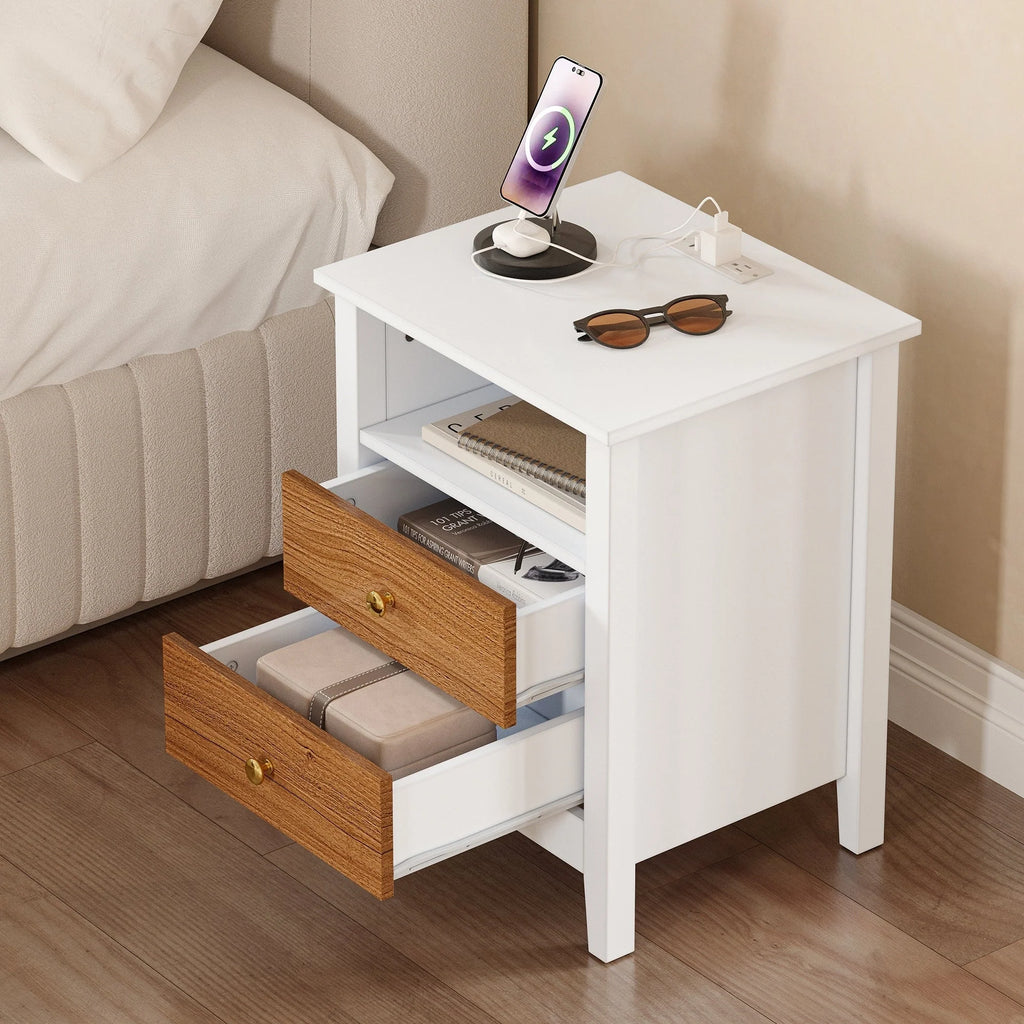 Tables de chevet (lot de 2) avec station de charge, table d'appoint avec 2 tiroirs, ports USB et prises, pour chambre à coucher