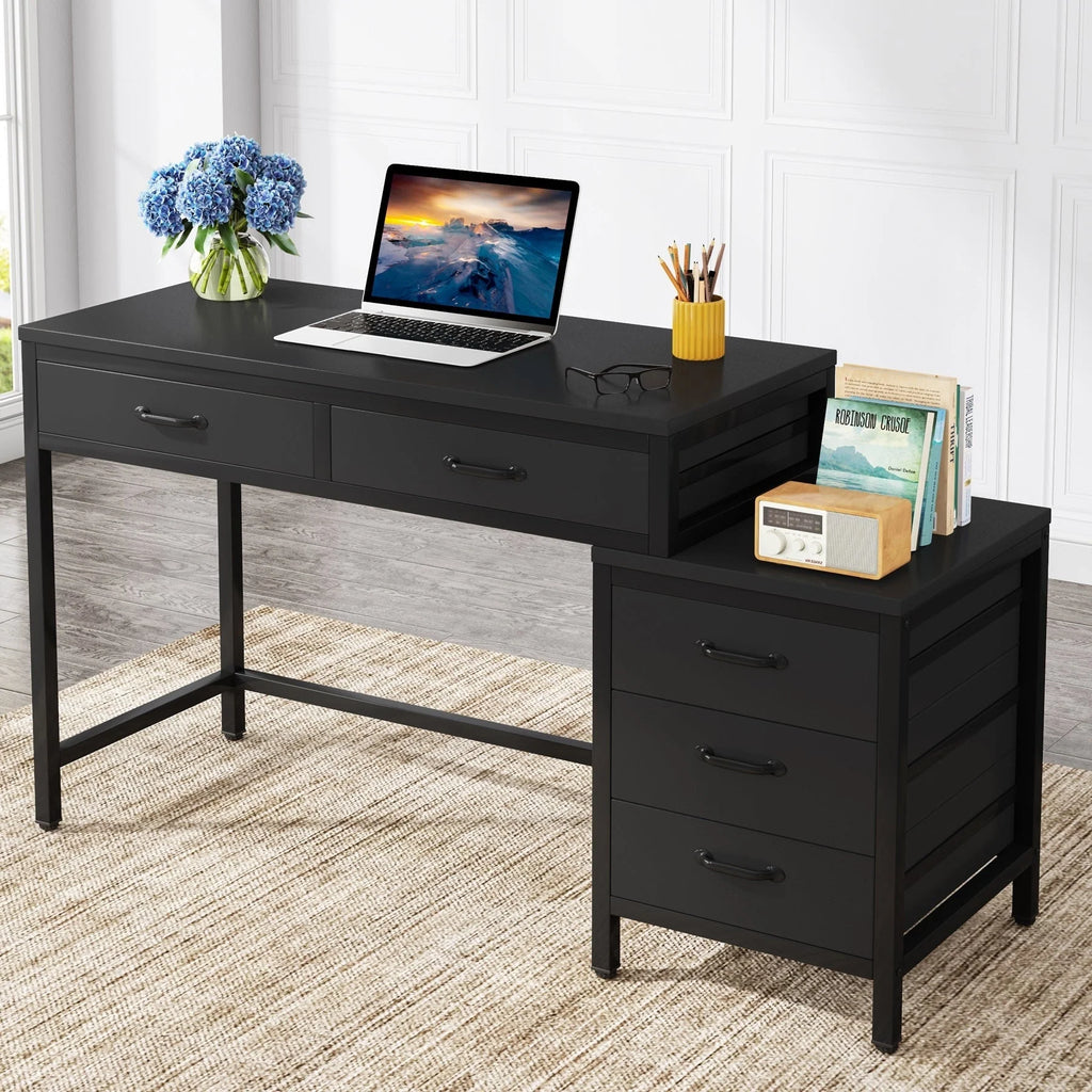 Bureau réversible avec 5 tiroirs, Bureau d'ordinateur de maison avec tiroir classeur et support d'imprimante