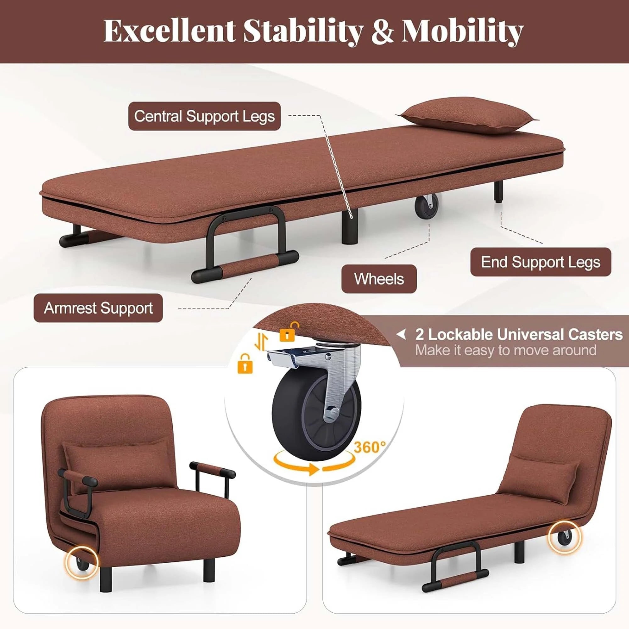 Chaise Longue Pliante Convertible en Lit Canapé avec Dossier Réglable