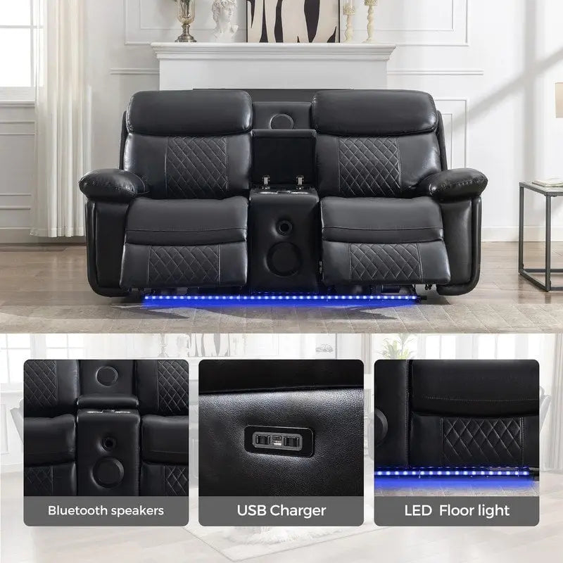 Canapé inclinable électrique avec chargeur sans fil, liseuse, lumière LED pour salon, similicuir, port AC/USB, porte-gobelet, noir