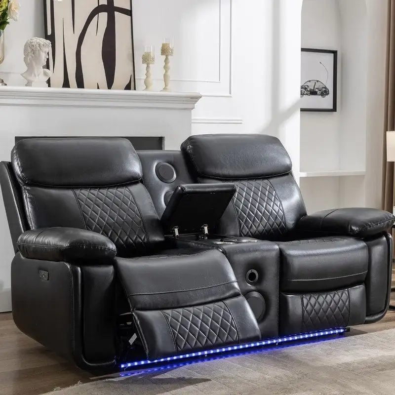 Canapé inclinable électrique avec chargeur sans fil, liseuse, lumière LED pour salon, similicuir, port AC/USB, porte-gobelet, noir