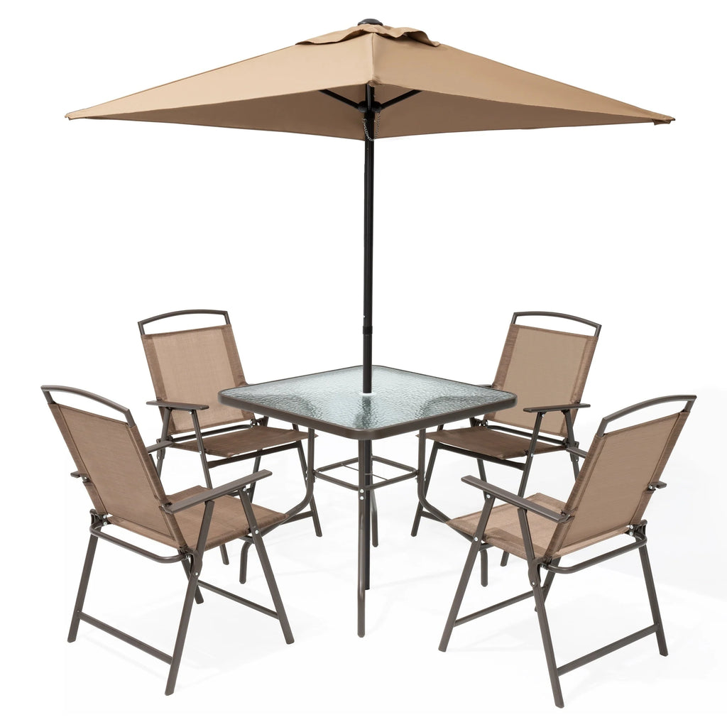 Ensemble de patio 6 pièces Pellebant avec table, parasol et 4 chaises pliantes – 22,4 L x 26,8 P x 34,4 H