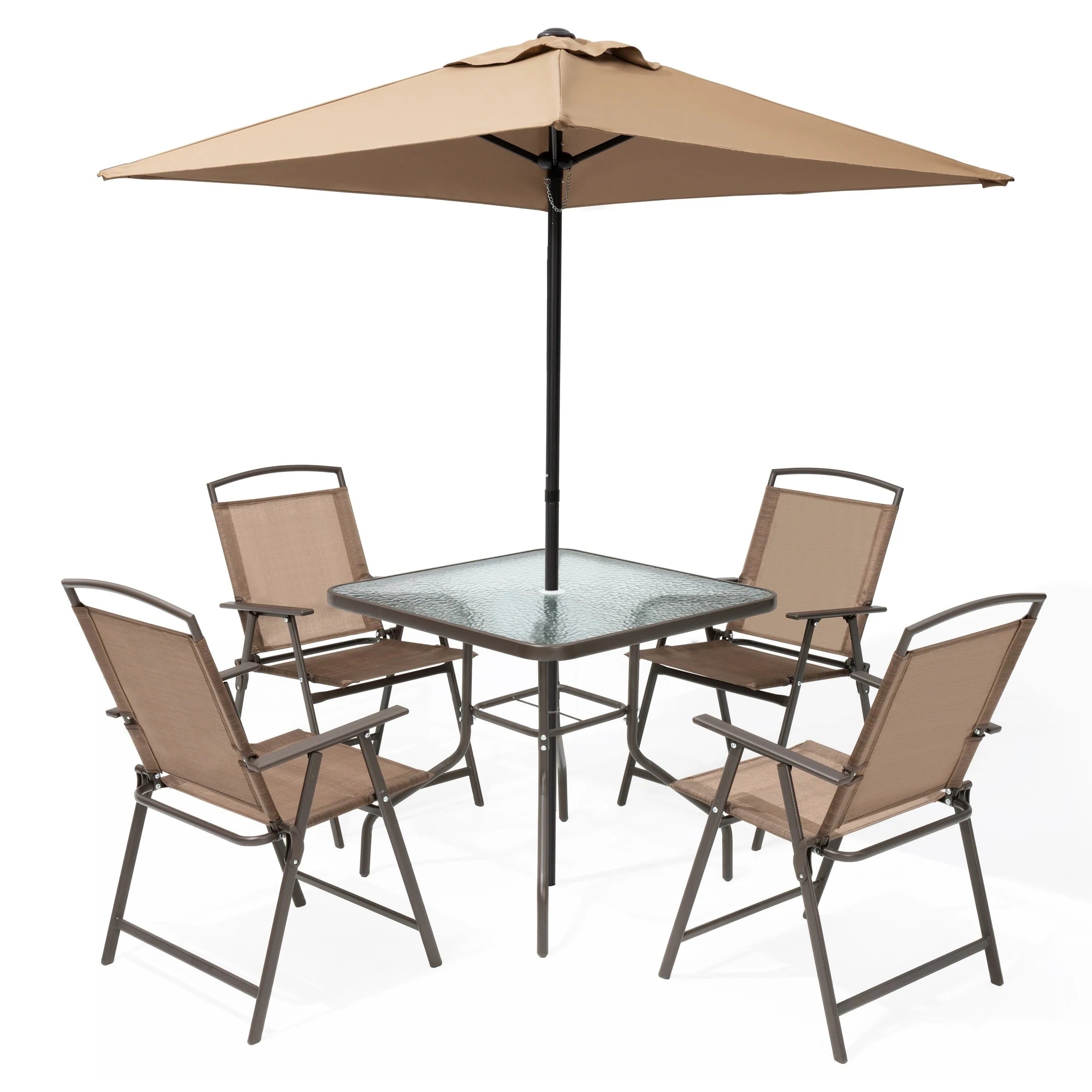 Ensemble de patio 6 pièces Pellebant avec table, parasol et 4 chaises pliantes – 22,4 L x 26,8 P x 34,4 H