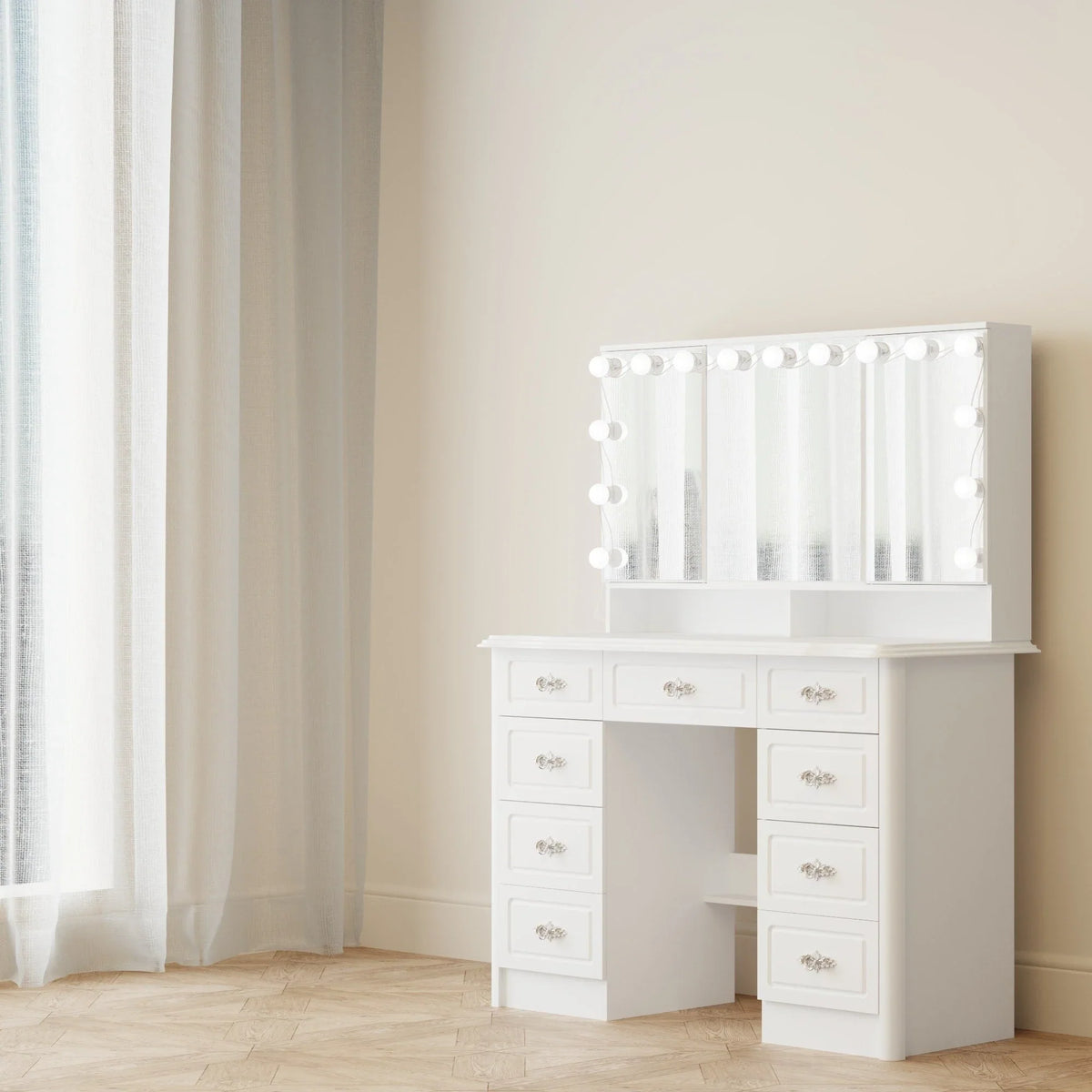 Coiffeuse moderne blanche avec miroir pliable éclairage réglable - 102,1 x 137,4 cm