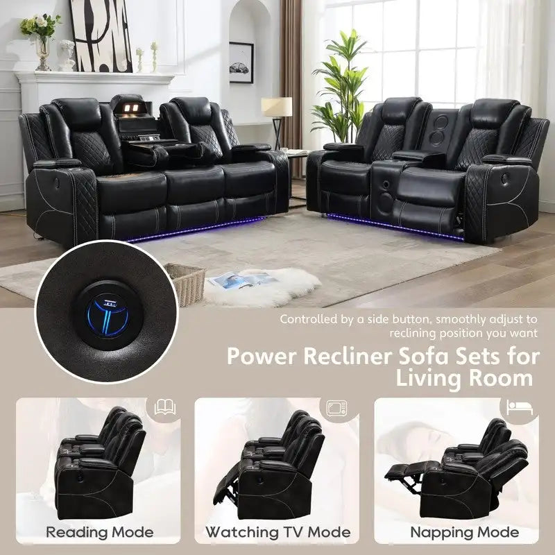 Canapé inclinable électrique avec chargeur sans fil, liseuse pour salon, lumière LED en similicuir, port AC/USB, porte-gobelet, noir