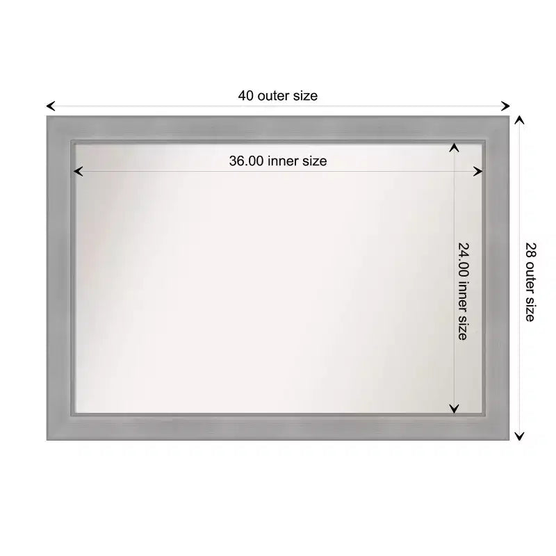Miroir mural Vista brossé nickel 40" x 28" sans biseau - Amanti Art : Rectangle moderne, cadre en polystyrène