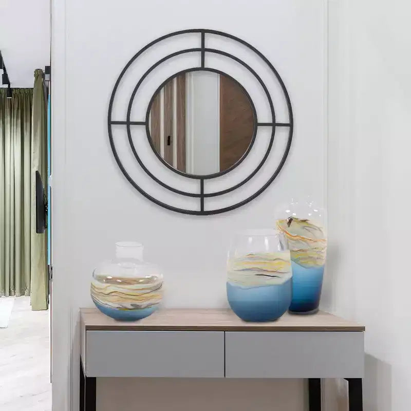 Miroir mural rond Howard Elliott 23" avec cadre géométrique en fer noir mat : Décor moderne, aucun assemblage, montage mural
