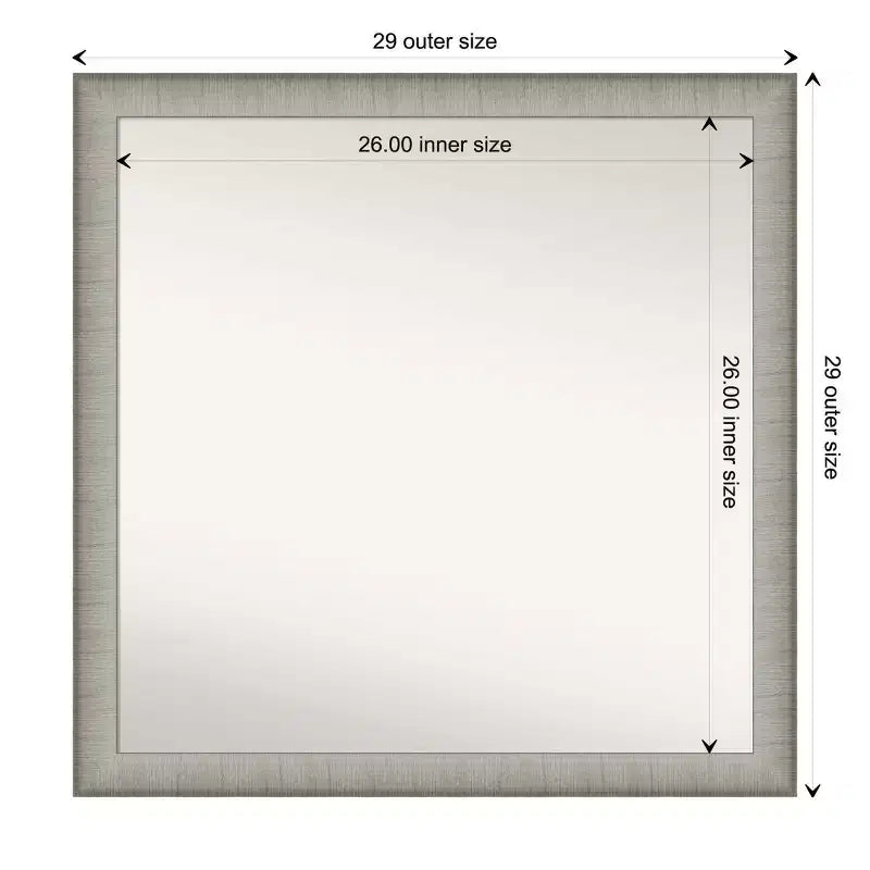 Miroir mural élégant et étroit de salle de bain 29" x 29" sans biseau étain brossé - Amanti Art : Carré, fixation murale, quincaillerie incluse
