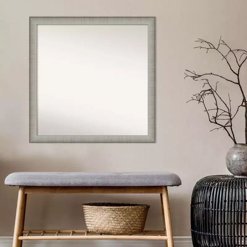 Miroir mural élégant et étroit de salle de bain 29" x 29" sans biseau étain brossé - Amanti Art : Carré, fixation murale, quincaillerie incluse