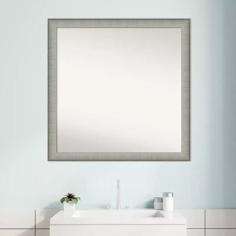 Miroir mural élégant et étroit de salle de bain 29" x 29" sans biseau étain brossé - Amanti Art : Carré, fixation murale, quincaillerie incluse