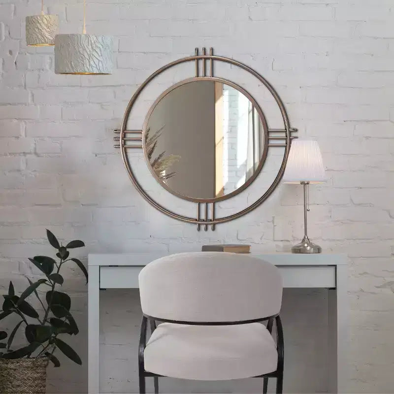 Miroir mural rond Howard Elliott 40 po Casimir en or profond avec cadre en fer forgé à la main