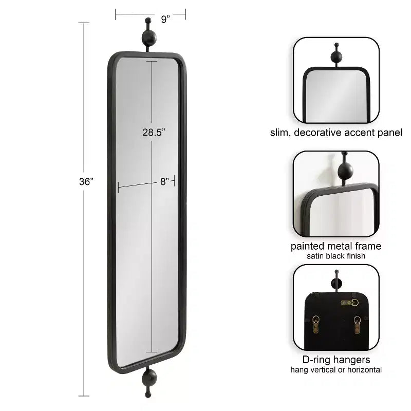Kate & Laurel All Things Decor Miroir rectangulaire mince Kasota 9"x36" en métal noir