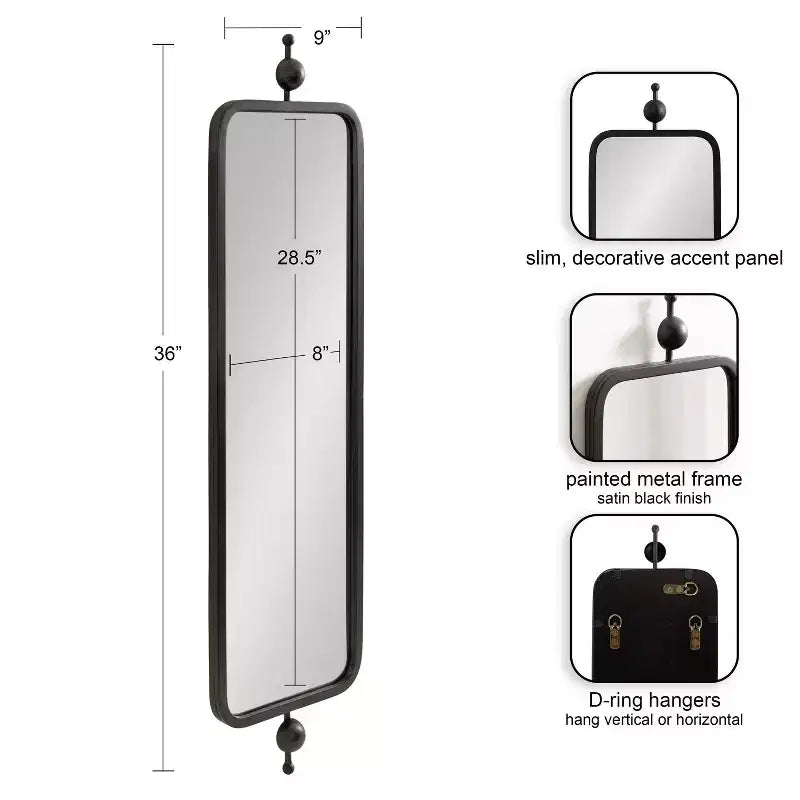 Kate & Laurel All Things Decor Miroir rectangulaire mince Kasota 9"x36" en métal noir