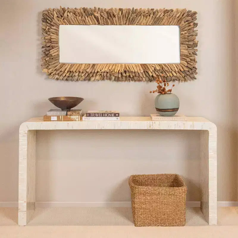 Miroir mural grand cadre bois flotté Storied Home Naturel : d'inspiration côtière, rectangulaire, bois et verre, 24"x52.5"