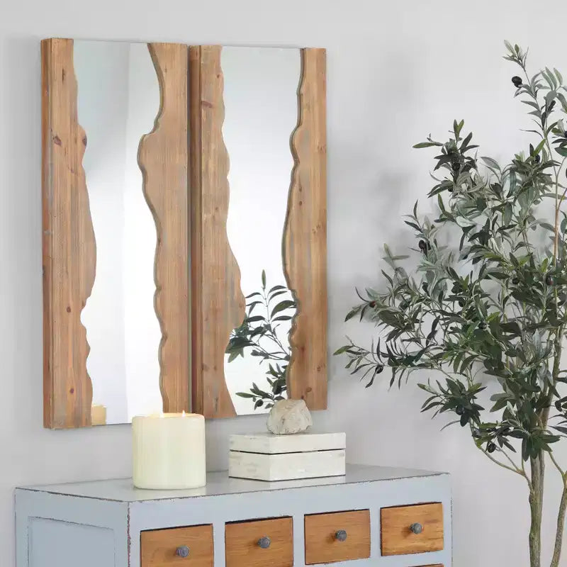 Lot de 2 miroirs muraux contemporains en bois marron – Olivia & May : rectangulaire fait main, bord brut, aucun assemblage requis