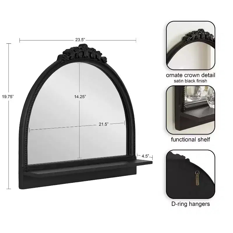 Miroir décoratif arche Dellona de 61 x 51 cm avec étagère, noir, de Kate & Laurel