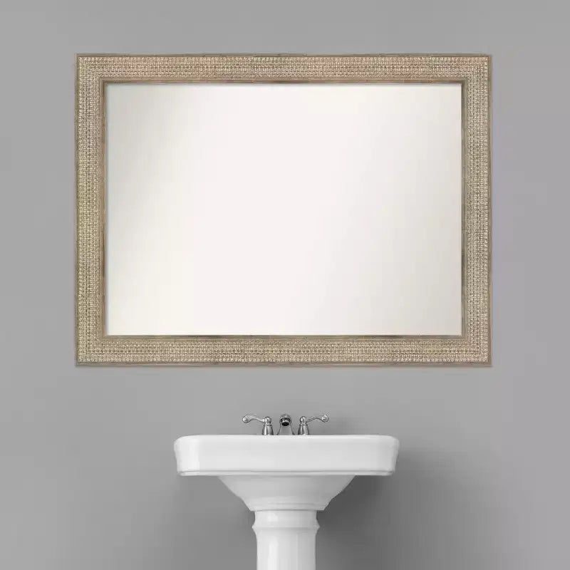 Miroir mural de salle de bain en bois argenté Amanti Art, 112 x 84 cm, sans biseau : style moderne, cadre en bois, fixation murale