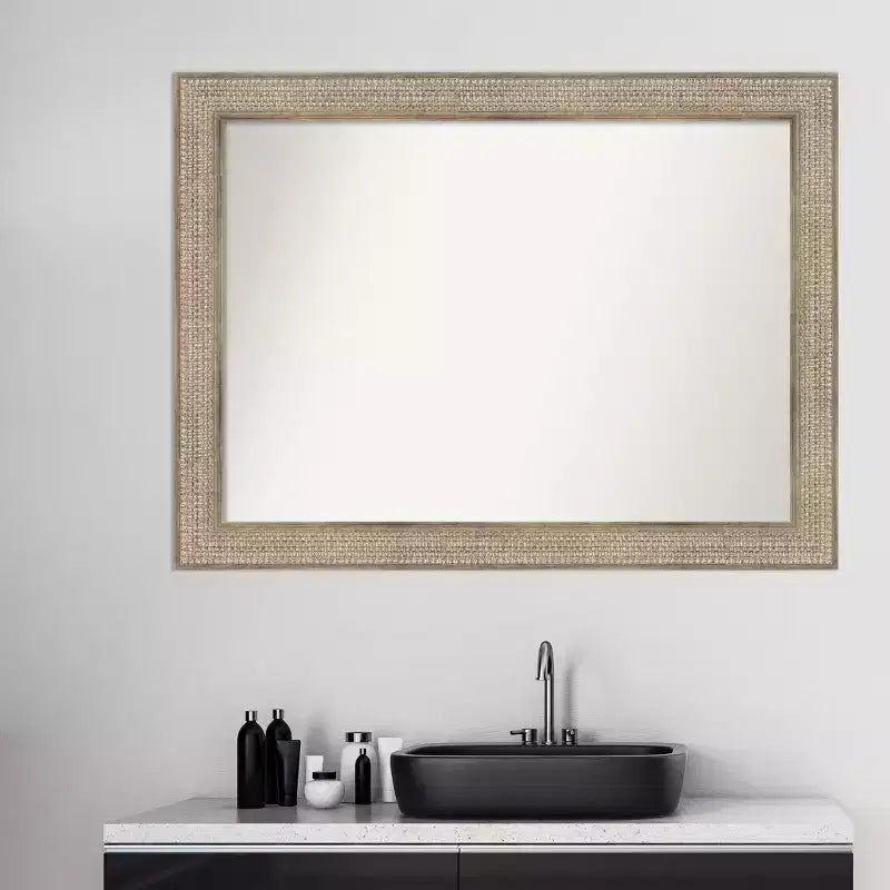 Miroir mural de salle de bain en bois argenté Amanti Art, 112 x 84 cm, sans biseau : style moderne, cadre en bois, fixation murale