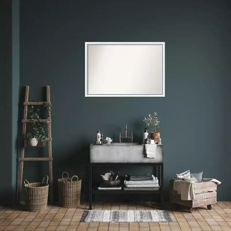 Miroir mural de salle de bain Morgan en bois 38 po x 26 po, non biseauté, blanc/bleu - Amanti Art
