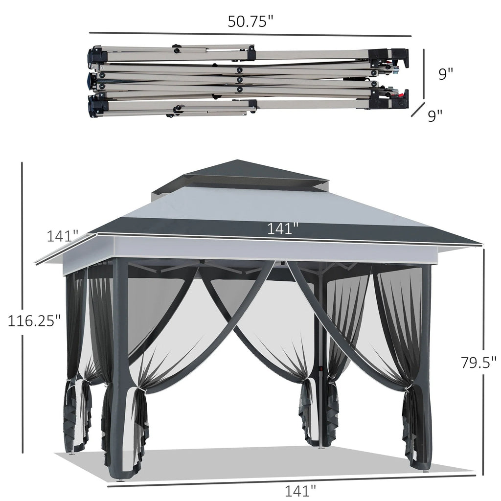 Outsunny 12 x 12 Tonnelle escamotable Pare-soleil Tente instantanée pliable avec filet latéral en maille, Hauteur réglable sur 3 niveaux