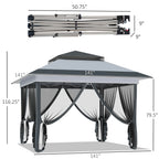 Outsunny 12 x 12 Tonnelle escamotable Pare-soleil Tente instantanée pliable avec filet latéral en maille, Hauteur réglable sur 3 niveaux