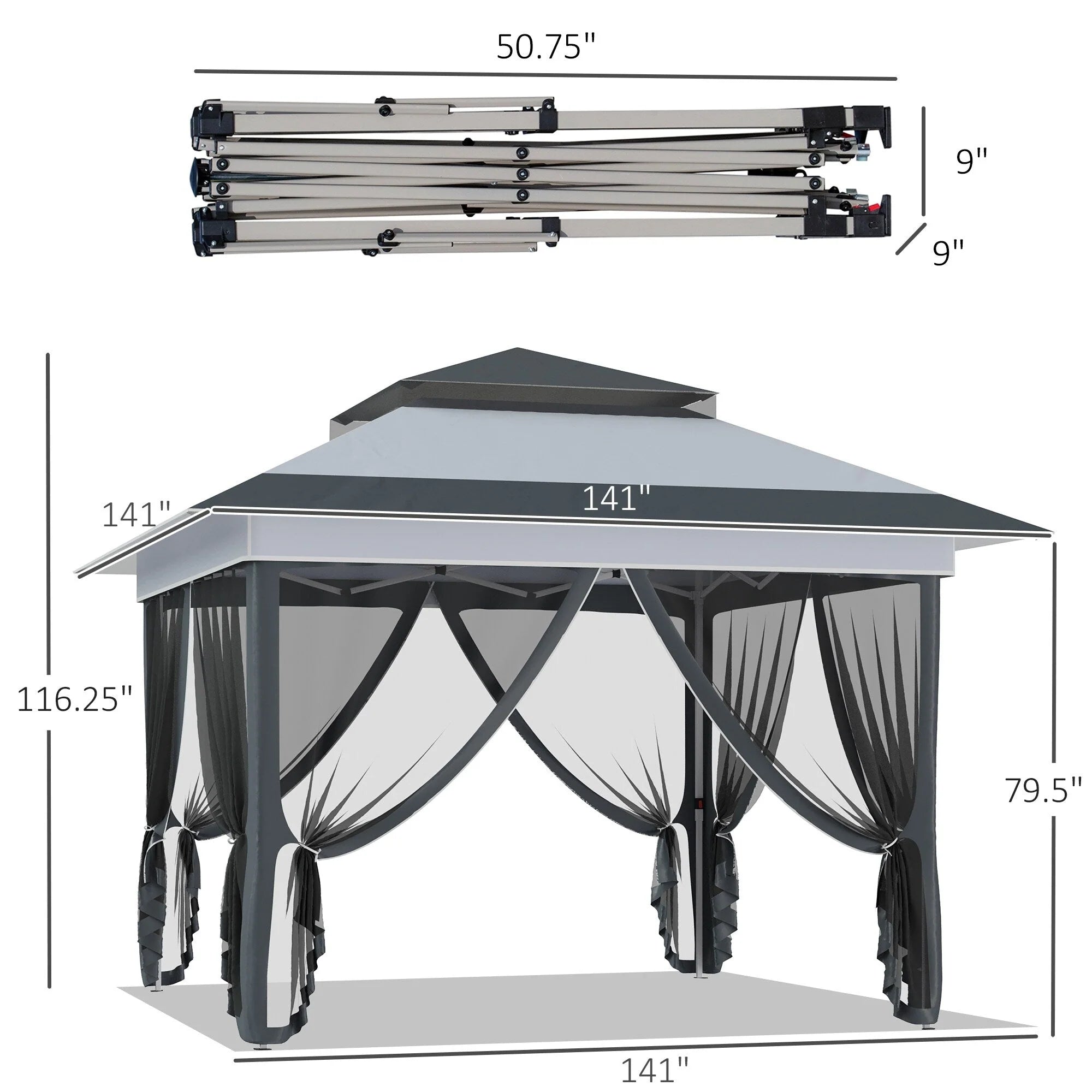 Outsunny 12 x 12 Tonnelle escamotable Pare-soleil Tente instantanée pliable avec filet latéral en maille, Hauteur réglable sur 3 niveaux