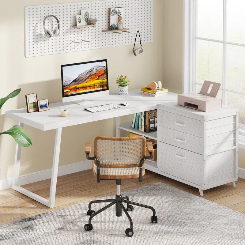 Bureau d'angle en L réversible avec tiroirs de classement, bureau d'ordinateur d'angle