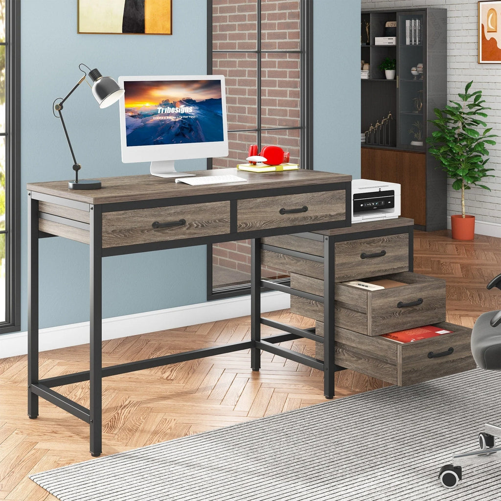 Bureau réversible avec 5 tiroirs, Bureau d'ordinateur de maison avec tiroir classeur et support d'imprimante