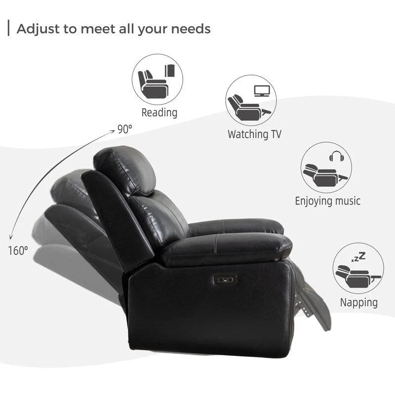 Canapé inclinable électrique avec chargeur sans fil, liseuse, lumière LED pour salon, similicuir, port AC/USB, porte-gobelet, noir