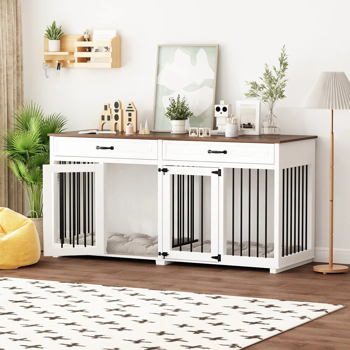 Meuble de chenil double en bois avec 2 tiroirs et séparateur