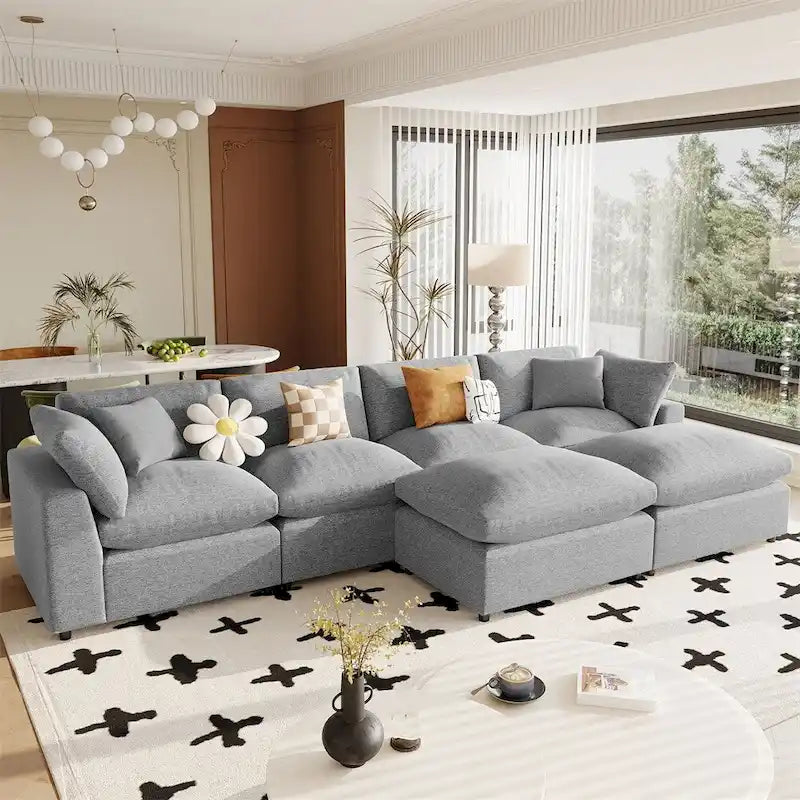 Canapé d'angle moderne en U avec 2 grandes méridiennes et poufs amovibles