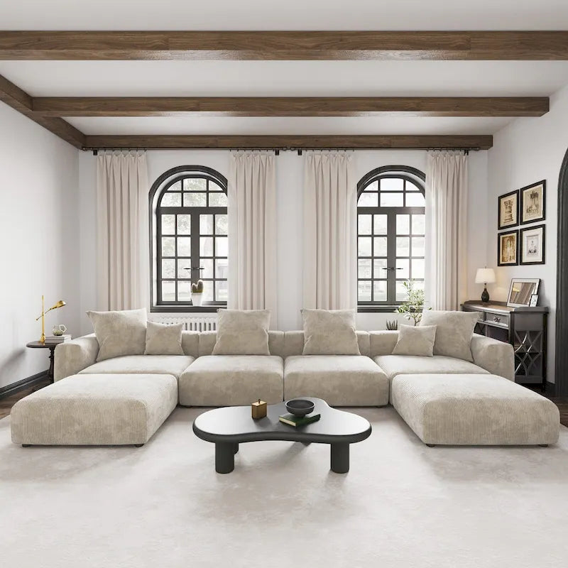 Grand canapé modulaire sectionnel en velours côtelé, en forme de U, 4 places avec 2 poufs et 5 oreillers